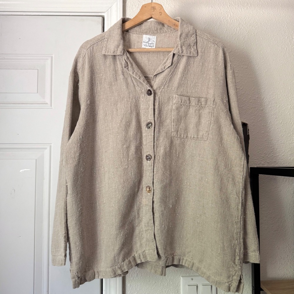 VIA VAI tan beige linen boxy lagenlook shell button up long sleeve shirt shacket